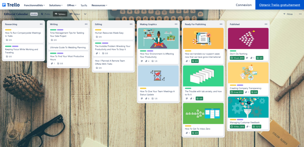 Gabarit de calendrier éditorial pour Trello montrant une carte pour chaque projet de billet pour leur blog. Des colonnes montrent l'état d'avancement de la création de contenu de gauche à droite.