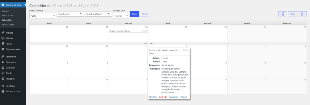 Calendrier éditorial dans Edit Flow pour WordPress